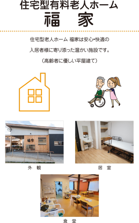 住宅型有料老人ホーム 福家 住宅型老人ホーム 福家は安心•快適の入居者様に寄り添った温かい施設です。(高齢者に優しい平屋建て)